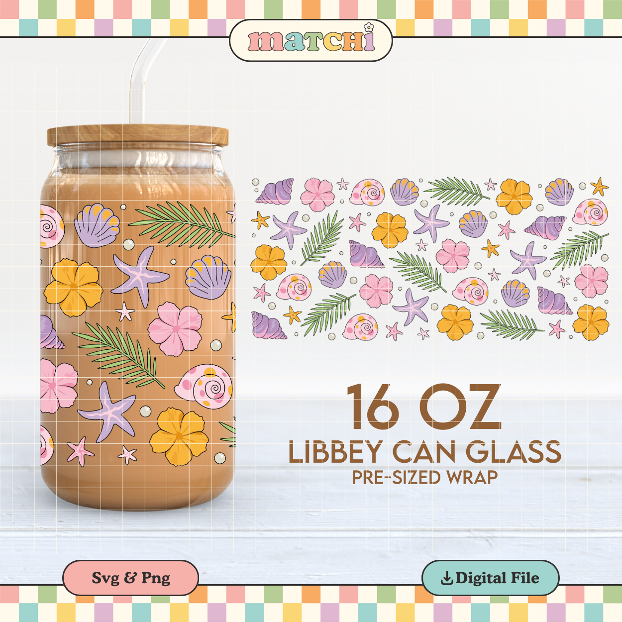 Seashells & Flowers | Summer 16oz Cup Wrap PNG SVG