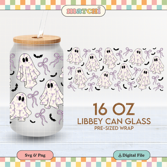 Girly Ghosts & Bows Cup Wrap | Halloween 16oz Libbey Can Glass | Spooky PNG SVG