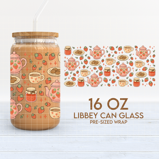 Strawberry Tea Time | Cottagecore 16oz Cup Wrap PNG SVG