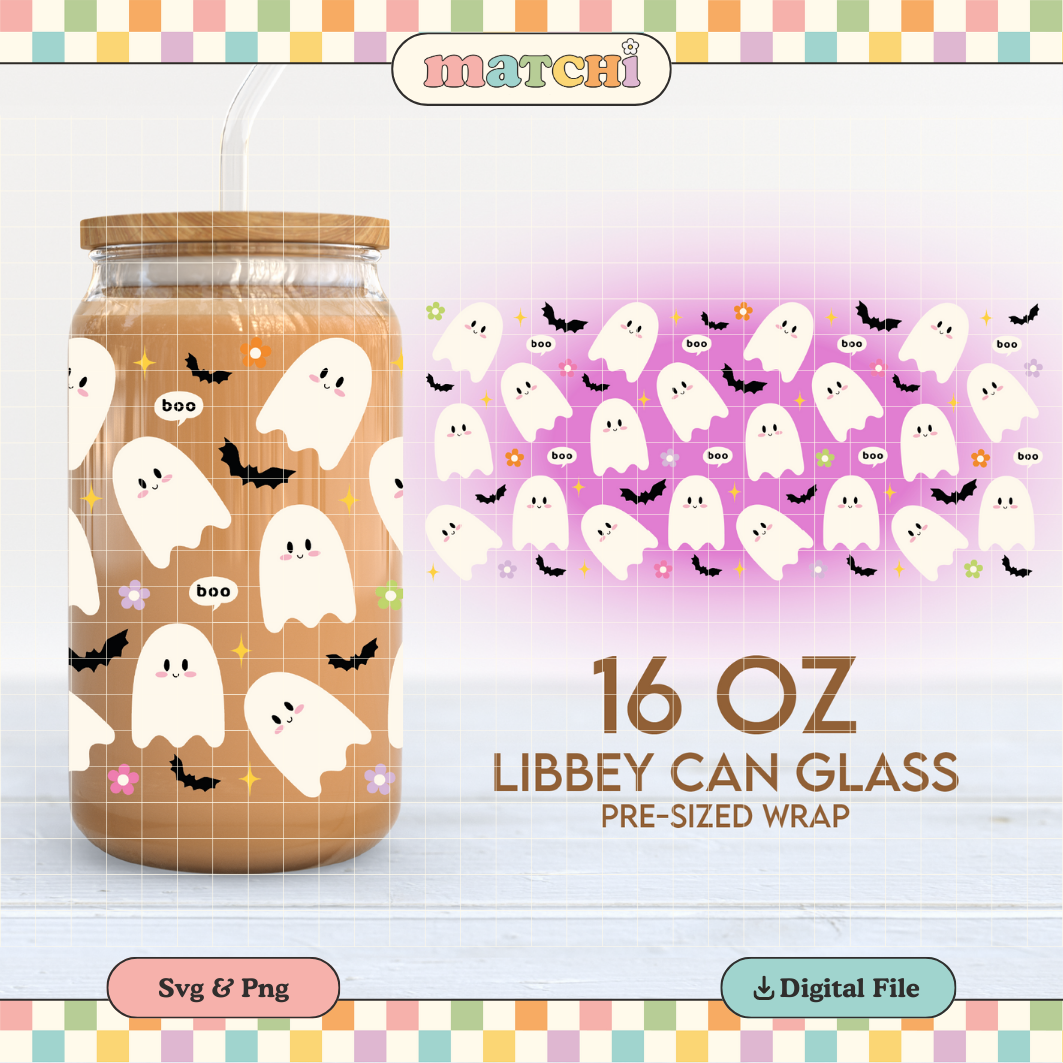Cute Ghosts Cup Wrap | Halloween 16oz Libbey Can Glass | Cute Spooky PNG SVG