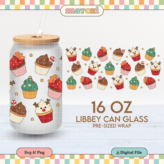 Christmas Cupcakes Cup Wrap | Christmas 16oz Libbey Can Glass | PNG SVG