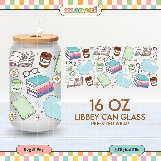 Bookish Winter Cup Wrap | Winter Girl 16oz Libbey Can Glass | Book Lover PNG SVG