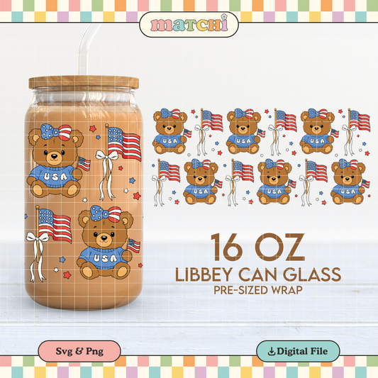 Patriotic Teddy Bear | 4th of July 16oz Cup Wrap PNG SVG