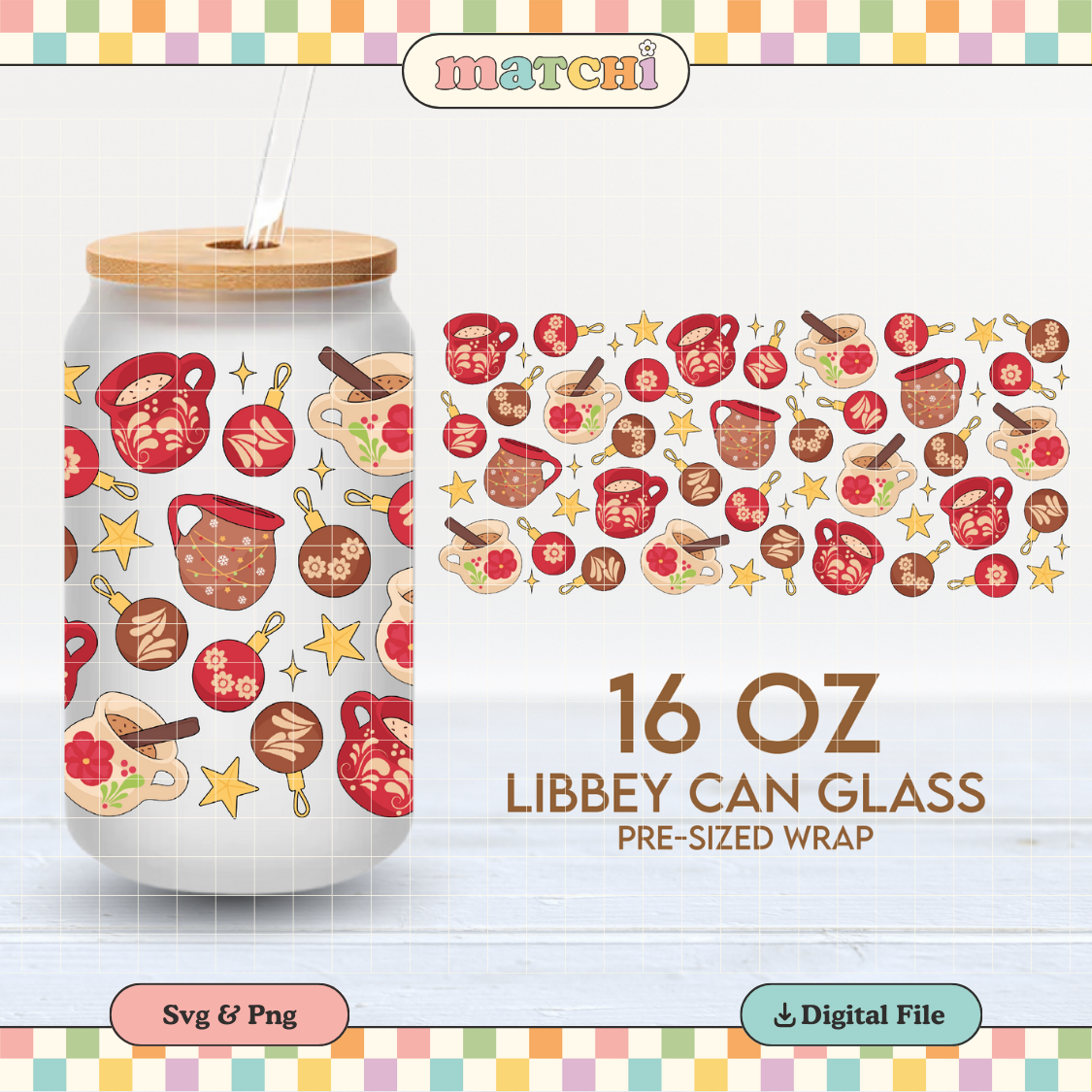 Christmas Ornaments & Jarros Cup Wrap | Navidad 16oz Libbey Can Glass | PNG SVG