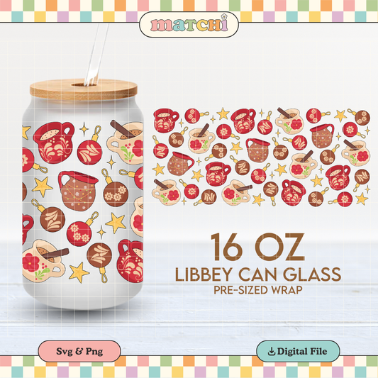 Christmas Ornaments & Jarros Cup Wrap | Navidad 16oz Libbey Can Glass | PNG SVG