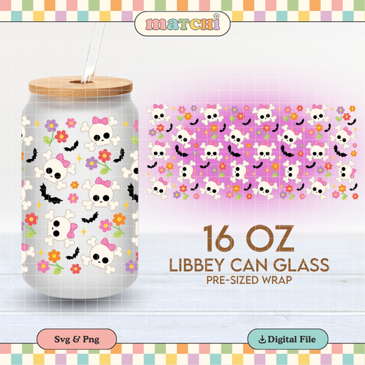 Cute Skulls Cup Wrap | Halloween 16oz Libbey Can Glass | Cute Spooky PNG SVG