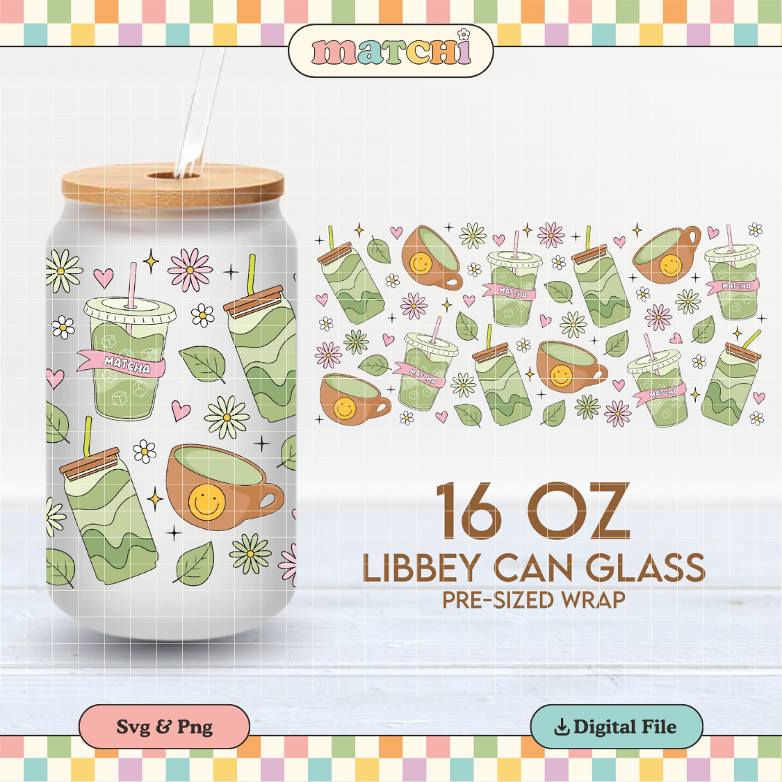 Matcha Girl Cup Wrap | Matcha Latte 16oz Libbey Can Glass | Trendy PNG SVG