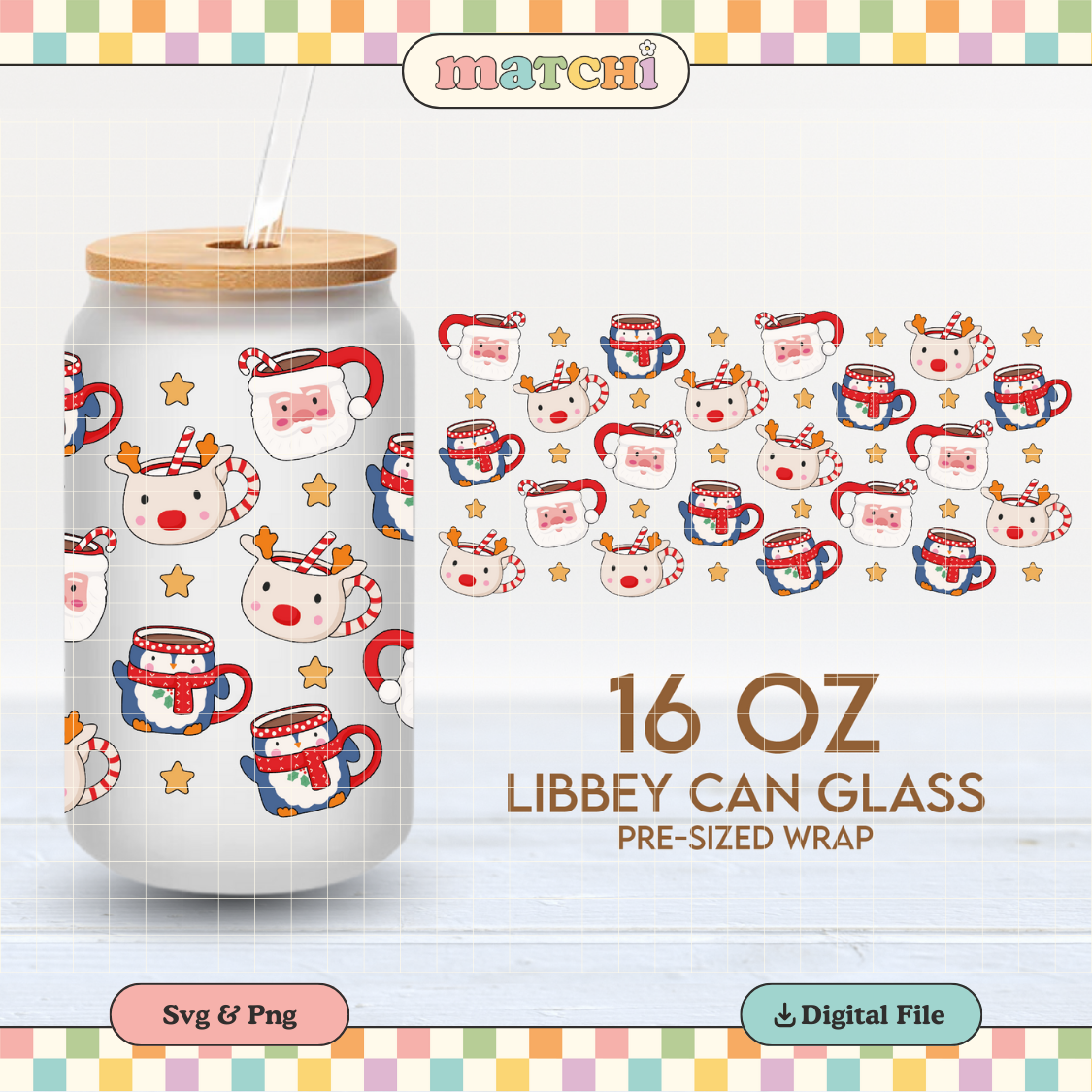 Christmas Mugs Cup Wrap | Christmas 16oz Libbey Can Glass | Santa Mug PNG SVG