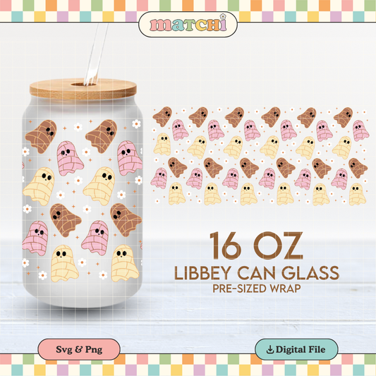 Pan Dulce Espooky Cup Wrap | Ghost Conchas 16oz Libbey Can Glass | Spanish PNG SVG