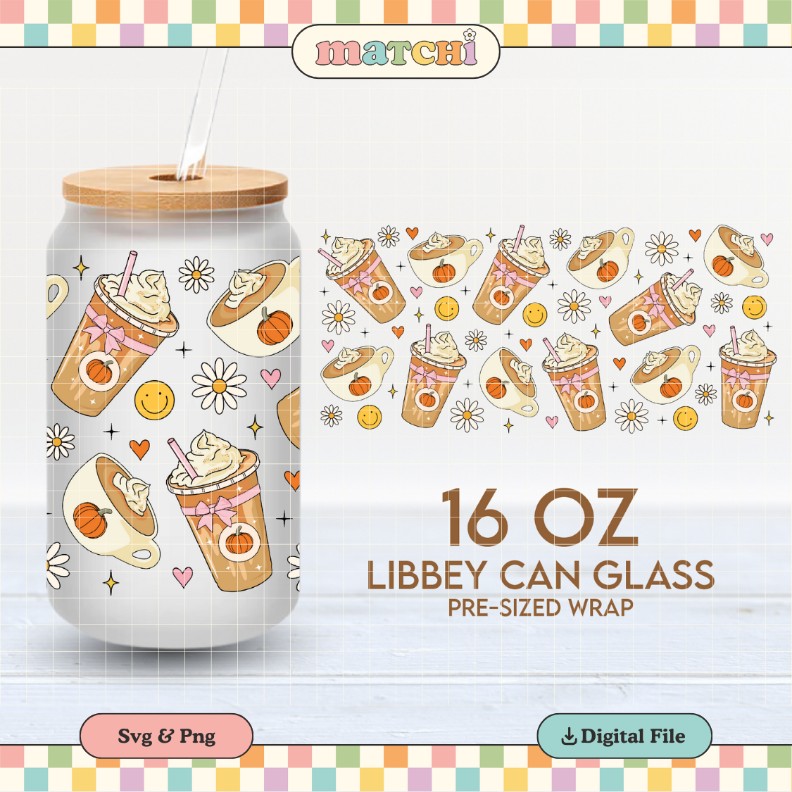 Pumpkin Spice Latte Cup Wrap | Fall Autumn 16oz Libbey Can Glass | Coffee PNG SVG