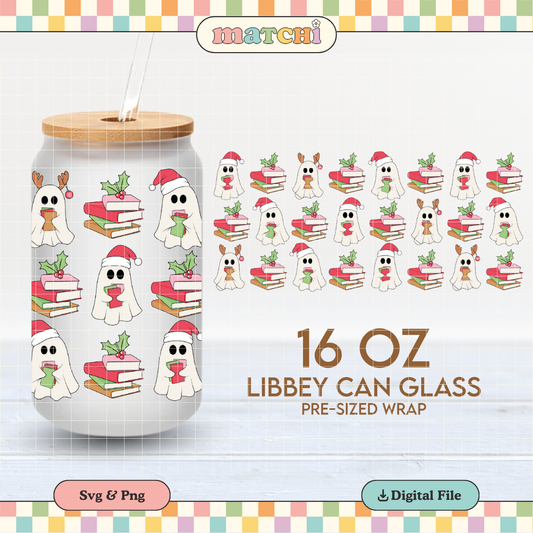 Bookish Xmas Ghosts Cup Wrap | Christmas 16oz Libbey Can Glass | Books PNG SVG