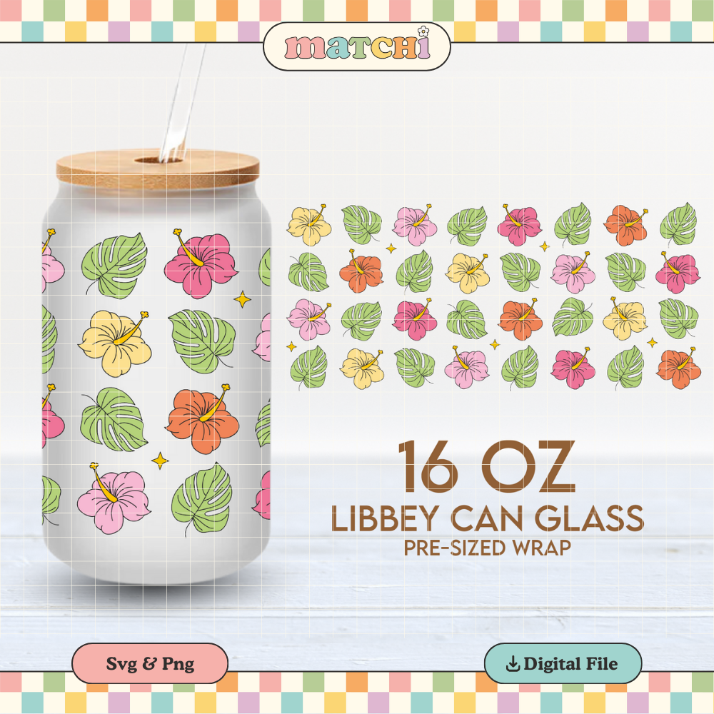Aloha Hibiscus Flower Cup Wrap | Summer 16oz Libbey Can Glass | Trendy PNG SVG