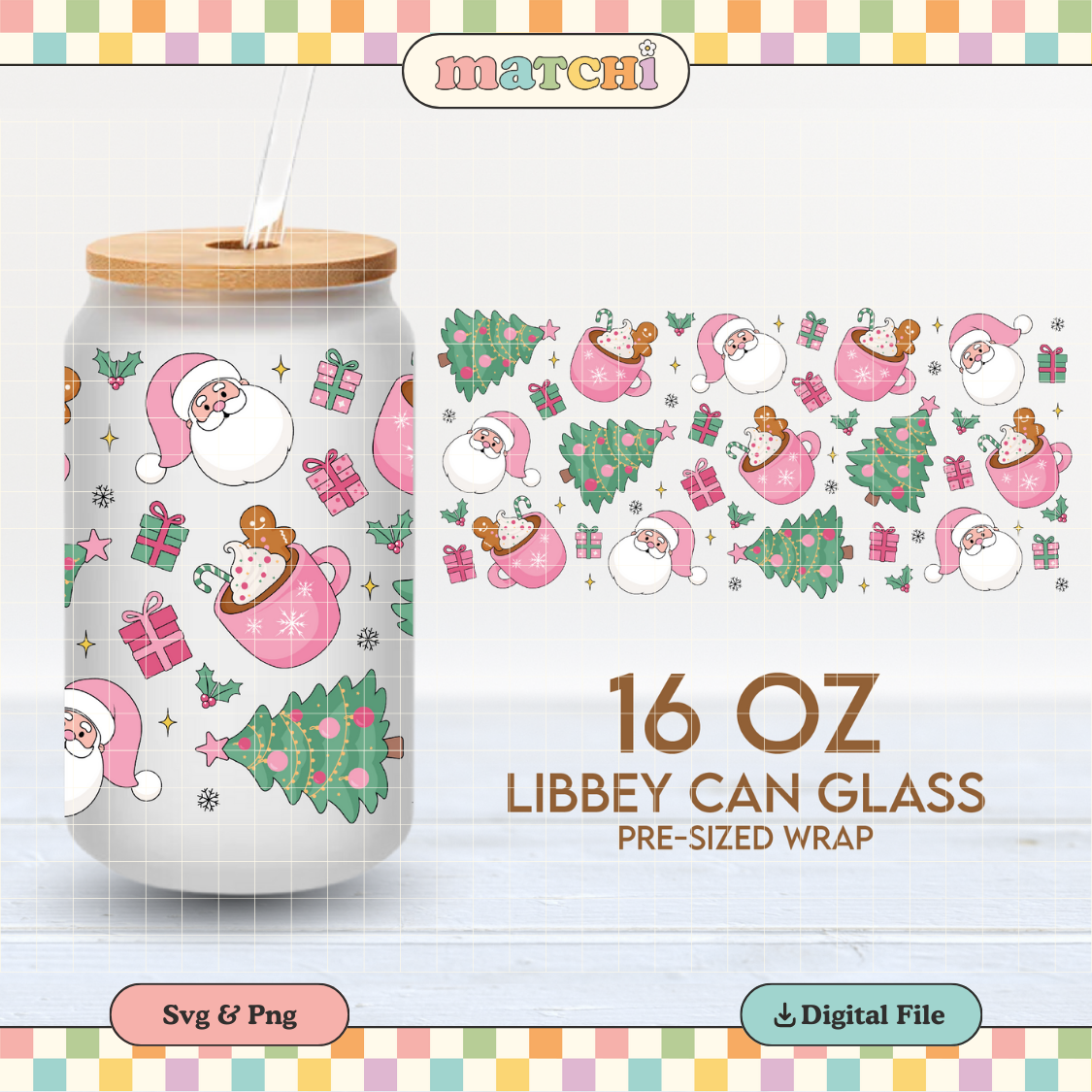 Christmas Things Cup Wrap | Pink Christmas 16oz Libbey Can Glass | Santa PNG SVG