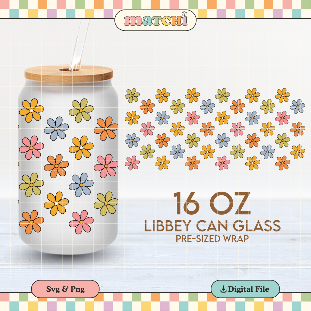 Flower Cup Wrap | Girly 16oz Libbey Can Glass | Trendy Boho PNG SVG