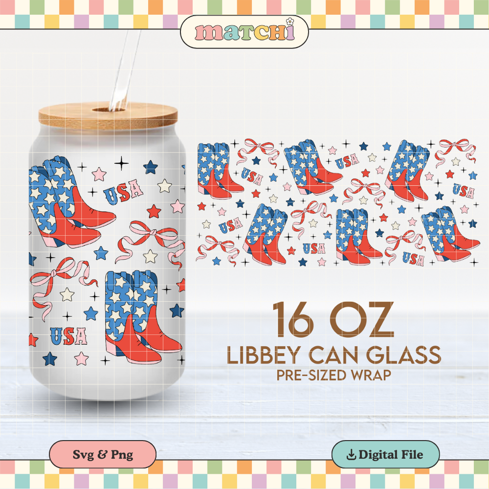 4th July Cowgirl Boots Cup Wrap | Coquette 16oz Libbey Can Glass | Trendy PNG SVG