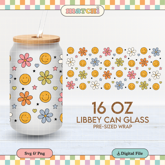 Smiles and Flowers Cup Wrap | Happy Face 16oz Libbey Can Glass | Trendy PNG SVG