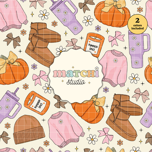 Cozy Girl Fall Seamless Pattern, Fall Autumn Basics Repeat Pattern for Fabric Sublimation