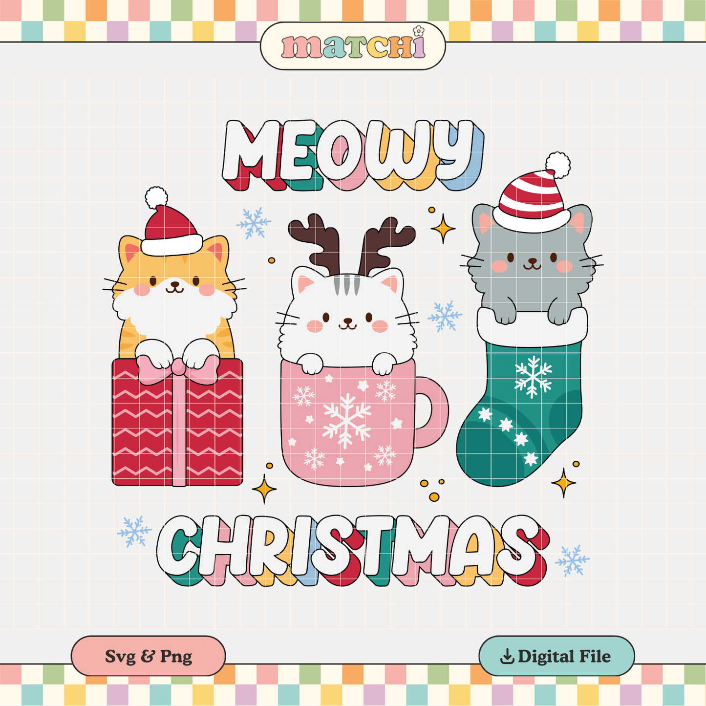 Meowy Christmas PNG SVG | Cute Christmas Cats Sublimation | Xmas Tshirt Design