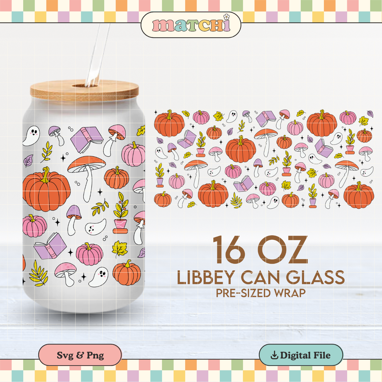 Pumpkins, Ghosts & Books | Bookish Fall 16oz Cup Wrap PNG SVG