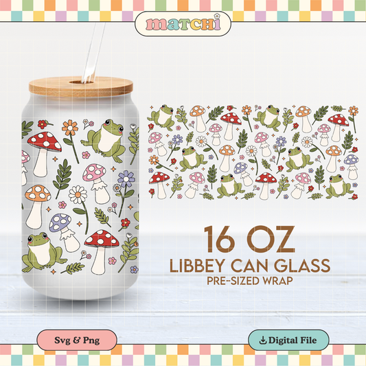 Frogs & Mushrooms Cup Wrap | Cottagecore 16oz Libbey Can Glass | Flowers PNG SVG