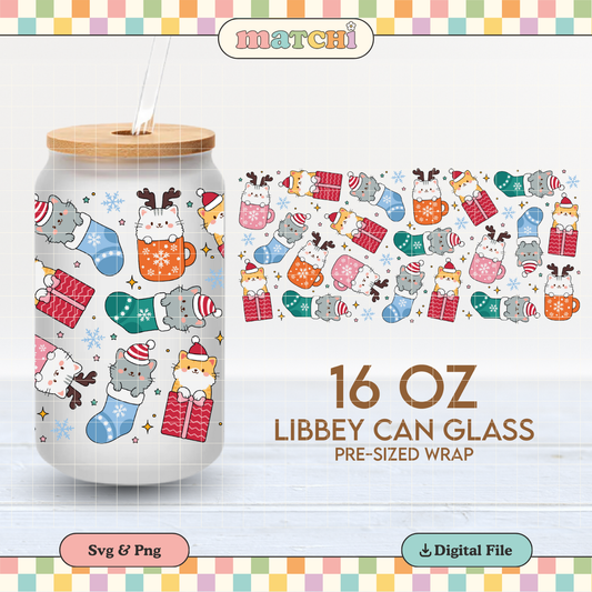 Christmas Cute Cats Cup Wrap | Xmas Pets 16oz Libbey Can Glass | Christmas PNG SVG