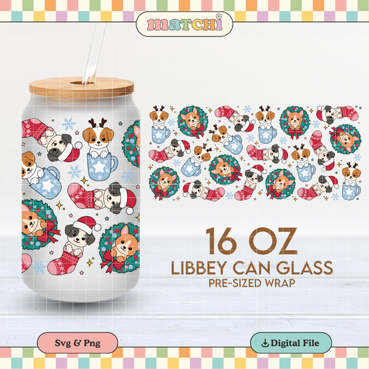 Christmas Cute Dogs Cup Wrap | Xmas Pets 16oz Libbey Can Glass | Christmas PNG SVG