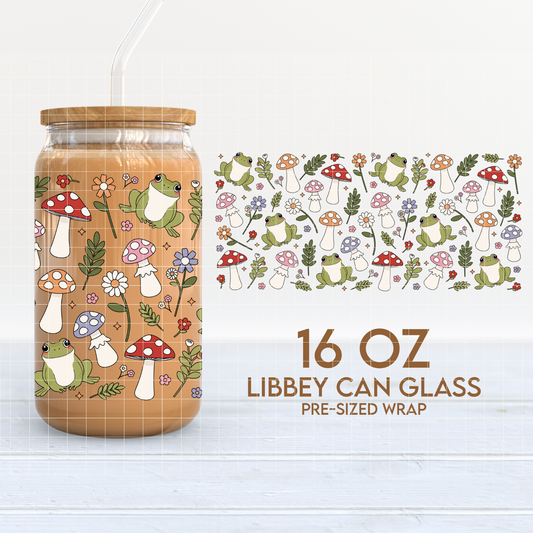 Frogs & Mushrooms Cup Wrap | Cottagecore 16oz Libbey Can Glass | Flowers PNG SVG