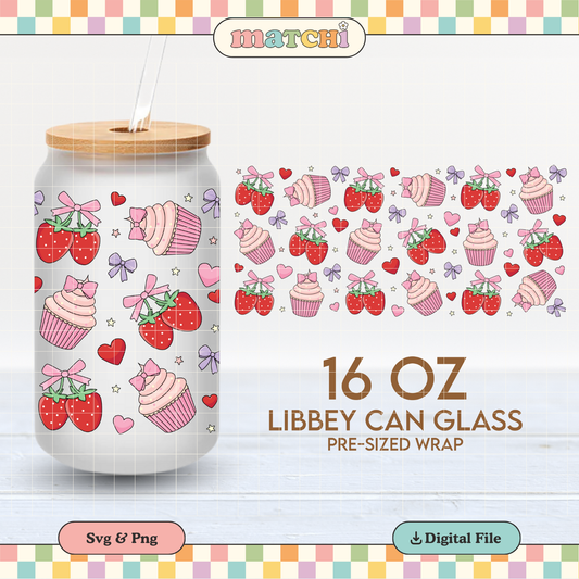 Strawberries & Cupcakes Cup Wrap | Valentine's 16oz Libbey Can Glass | PNG SVG