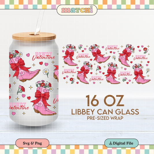 Howdy Valentine Cup Wrap | Cowgirl Boots & Flowers 16oz Libbey PNG SVG