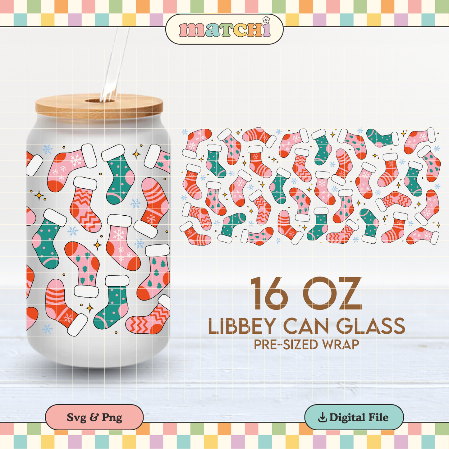 Christmas Socks Cup Wrap | Pink Christmas 16oz Libbey Can Glass | Xmas PNG SVG