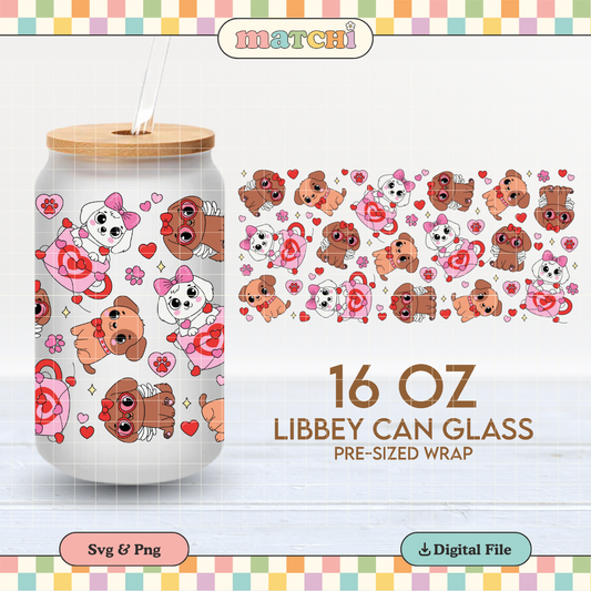 Valentines Dogs Cup Wrap | Valentine's Day Pets 16oz Libbey | Cute Dogs PNG SVG