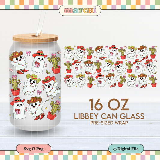Christmas Cowboy Ghosts Cup Wrap | Howdy 16oz Libbey Can Glass | Xmas PNG SVG
