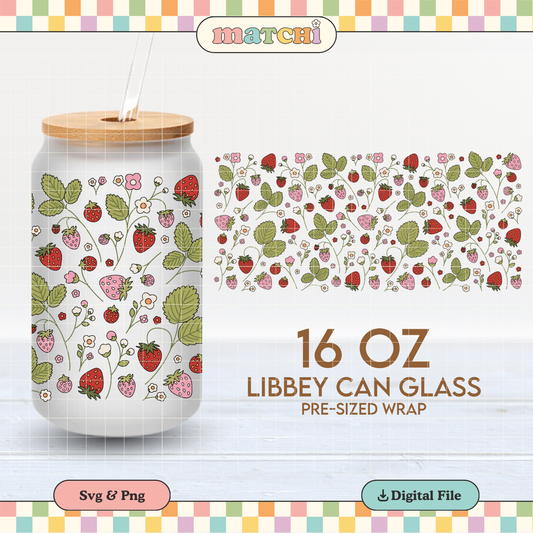 Strawberry Bloom Cup Wrap | Cottagecore 16oz Libbey Can Glass | Berries PNG SVG