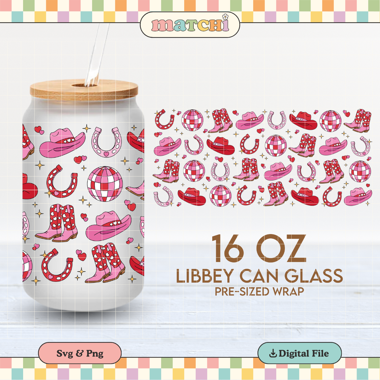Valentine Cowgirl Cup Wrap | Howdy Valentines 16oz Libbey Can Glass PNG SVG
