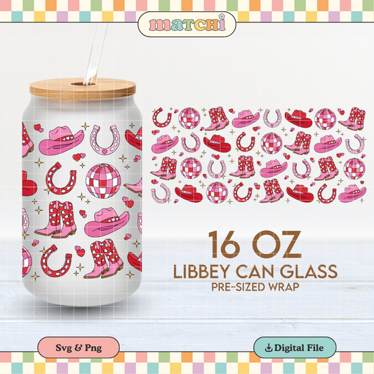 Valentine Cowgirl Cup Wrap | Howdy Valentines 16oz Libbey Can Glass PNG SVG