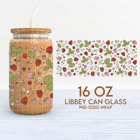Strawberry Bloom Cup Wrap | Cottagecore 16oz Libbey Can Glass | Berries PNG SVG
