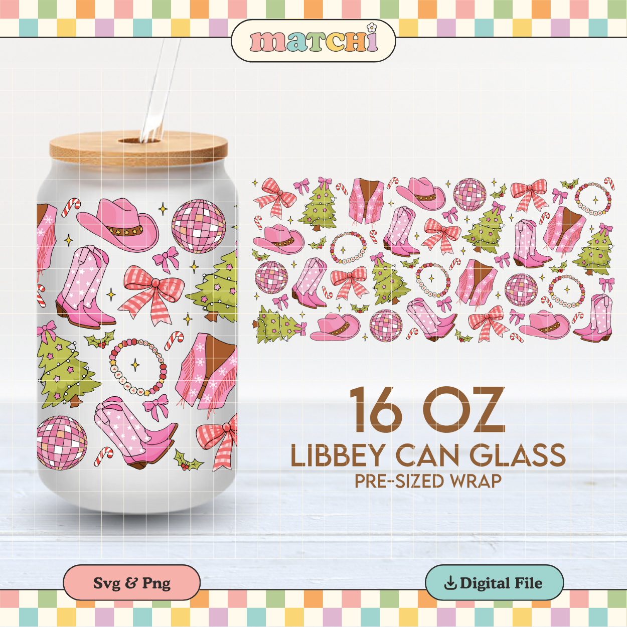 Christmas Cowgirl Cup Wrap | Cowboy Boots 16oz Libbey Can Glass | Xmas PNG SVG