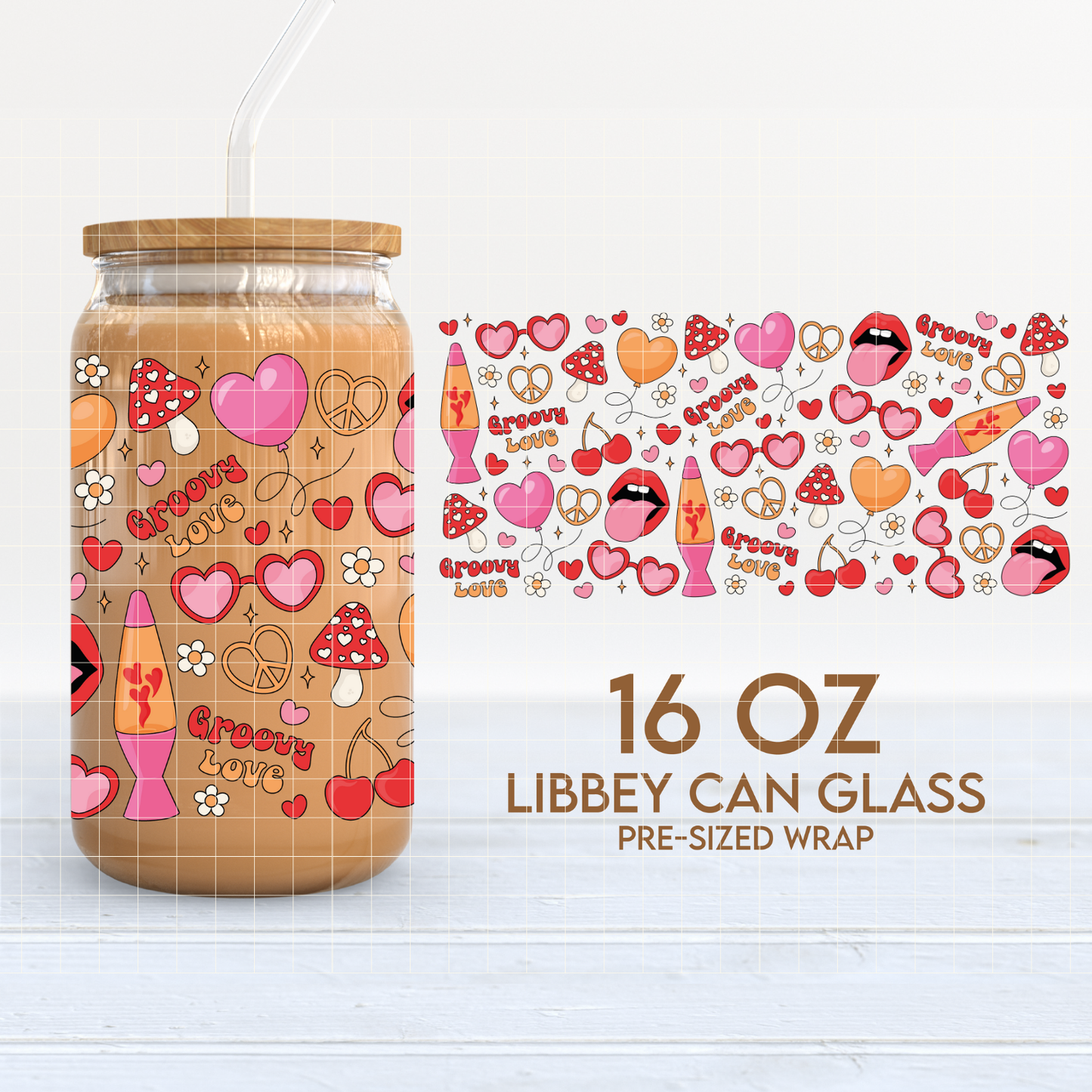 Groovy Love Cup Wrap | Groovy Valentines 16oz Libbey Can Glass | Hippie PNG SVG