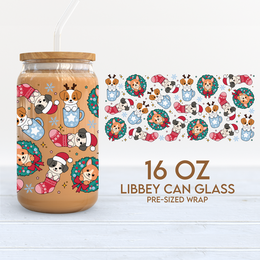 Christmas Cute Dogs Cup Wrap | Xmas Pets 16oz Libbey Can Glass | Christmas PNG SVG