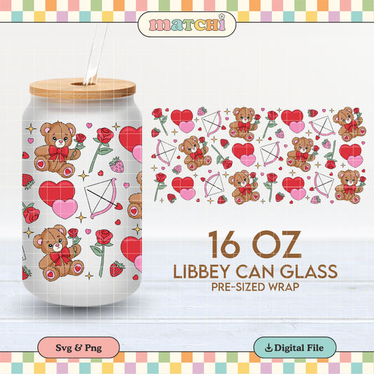 Beary Sweet Love Cup Wrap | Valentines Day 16oz Libbey Can Glass PNG SVG