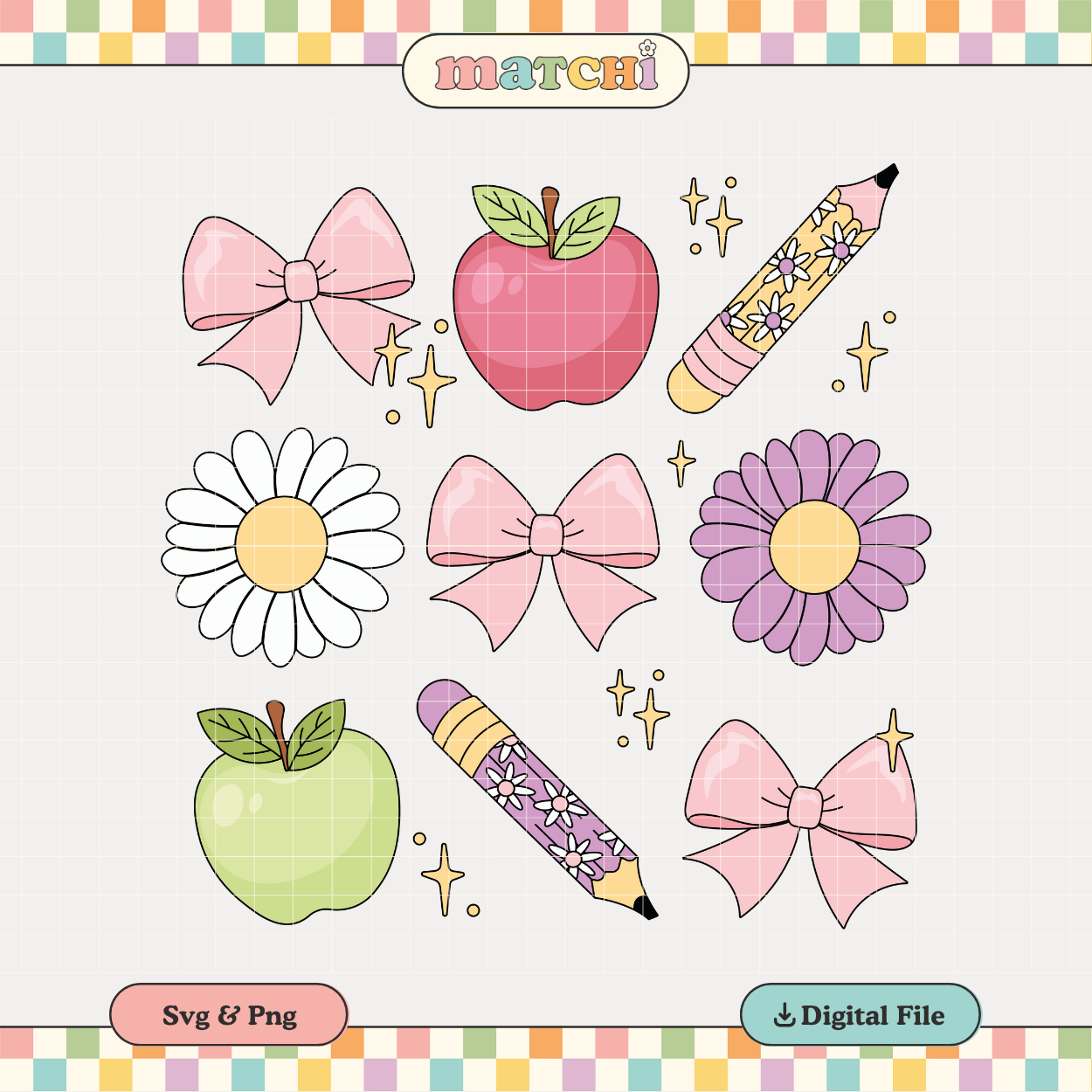 Bows, Apples & Pencil | Back to School PNG & SVG