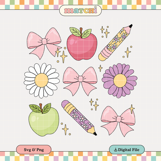 Bows, Apples & Pencil | Back to School PNG & SVG