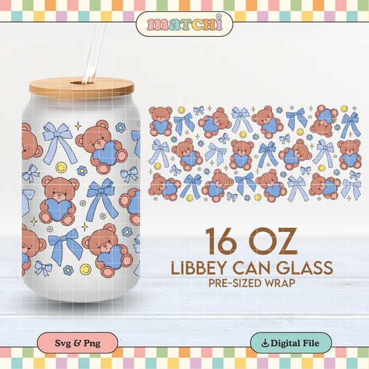 Bears & Blue Bows 16oz Cup Wrap PNG SVG