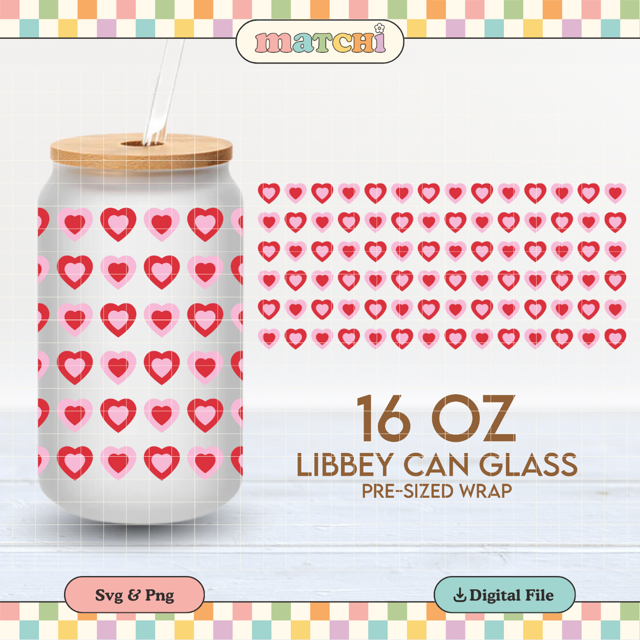 Cute Hearts Cup Wrap | Valentines Day 16oz Libbey Can Glass PNG SVG