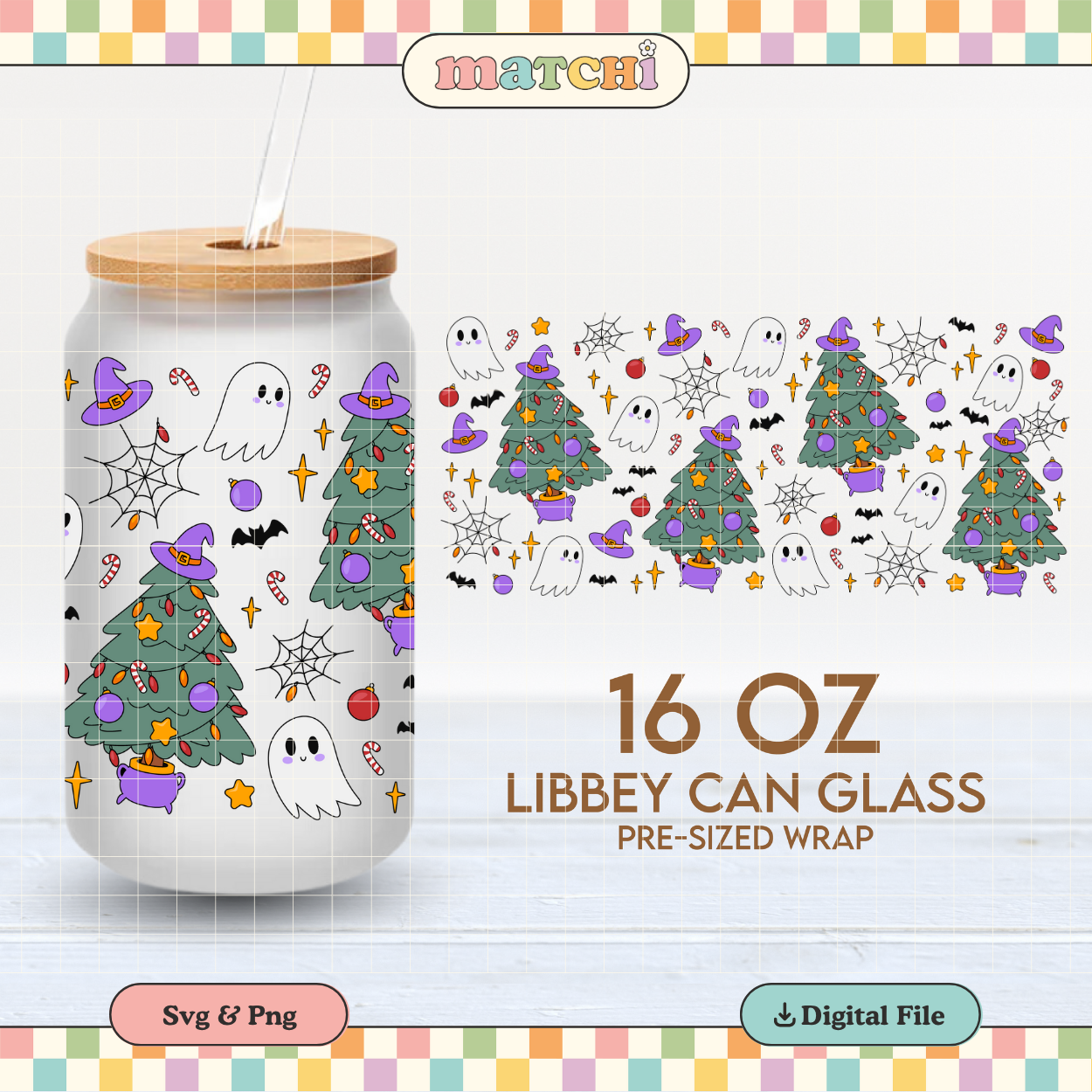Xmas Trees & Ghosts | Spooky Christmas 16oz Cup Wrap PNG SVG