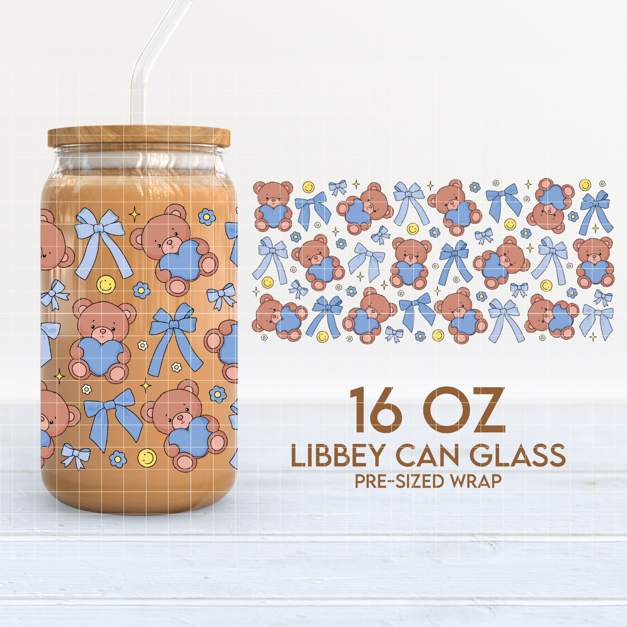 Bears & Blue Bows 16oz Cup Wrap PNG SVG