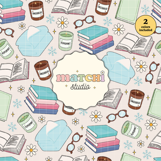 Winter Bookish Seamless Pattern, Winter Books Repeat Pattern for Fabric Sublimation