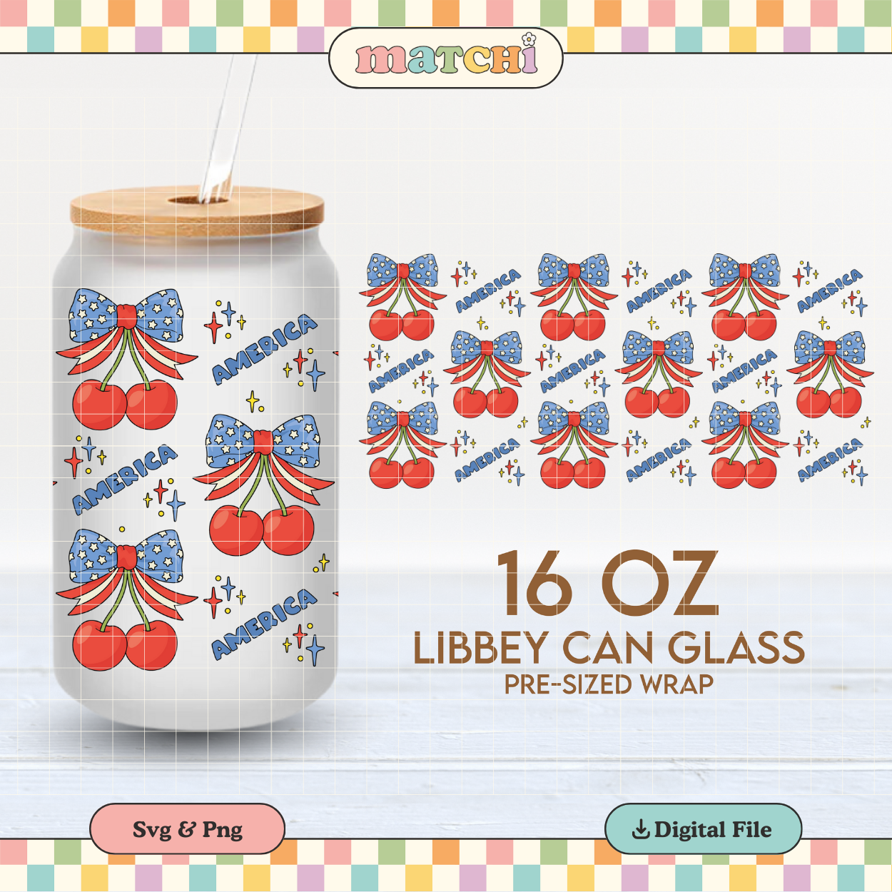 America Cherries | 4th of July 16oz Cup Wrap PNG SVG