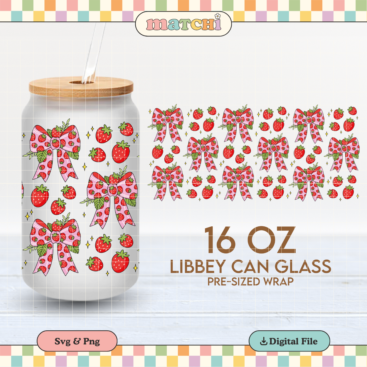 Strawberry Bows | Summer 16oz Cup Wrap PNG SVG