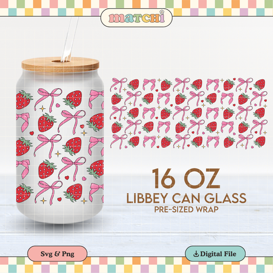 Bows & Strawberries Cup Wrap | Valentines Day 16oz Libbey Can Glass PNG SVG
